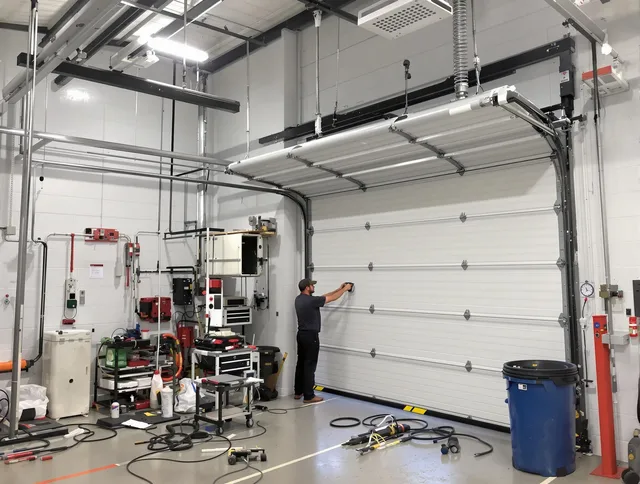 Fullerton Garage Door Repair certified technician performing commercial door repair at a Fullerton business facility