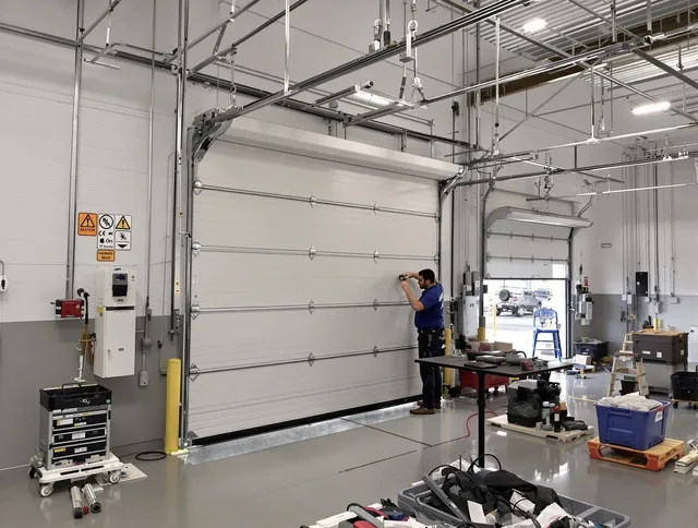 Commercial garage door repair being performed by Fullerton Garage Door Repair expert in Fullerton