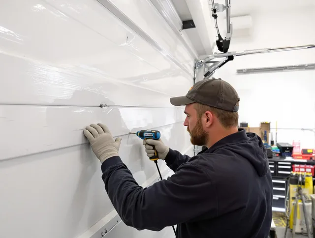 Fullerton Garage Door Repair technician demonstrating precision dent removal techniques on a Fullerton garage door