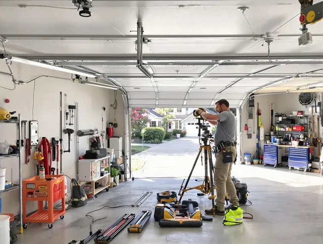 Fullerton Garage Door Repair specialist performing laser-guided track alignment in Fullerton